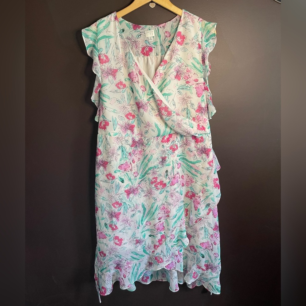 A New Day Pink and Green Ruched Asymmetrical Sundress